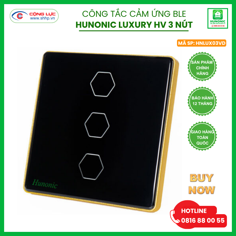 Công tắc Hunonic Luxury 3 nút hình vuông màu đen
