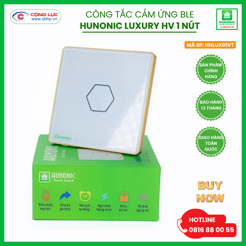 Công tắc Hunonic Luxury 1 nút hình vuông màu trắng