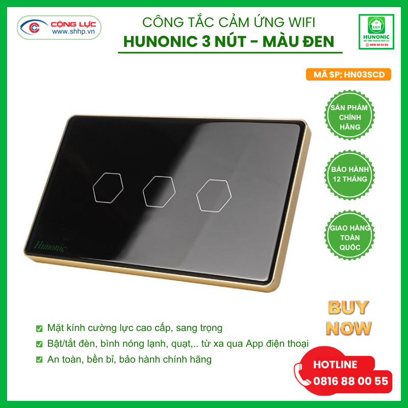 Công tắc Hunonic Wifi 3 nút hình chữ nhật màu đen
