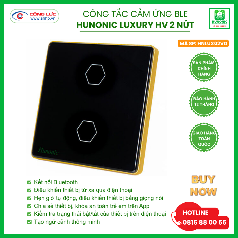 Công tắc Hunonic Luxury 2 nút hình vuông màu đen
