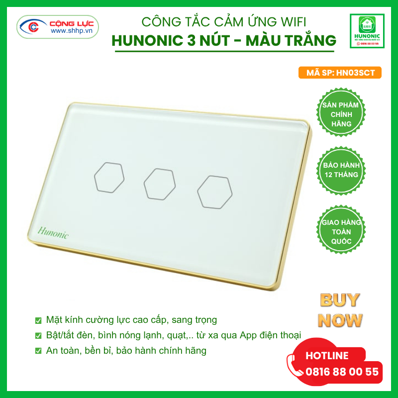 Công tắc Hunonic Wifi 3 nút hình chữ nhật màu trắng